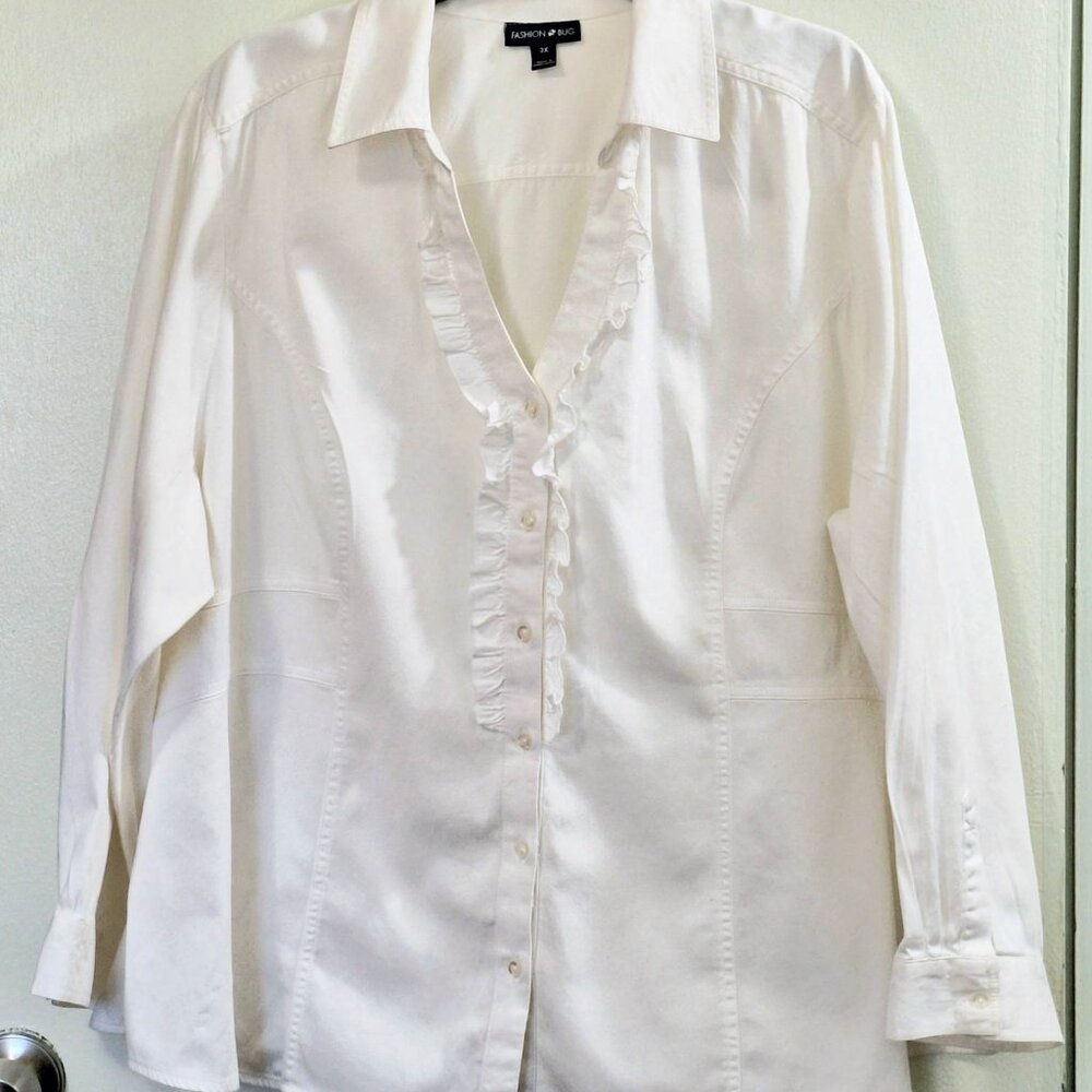 Fashion Bug Ruffle Long Sleeve Button Down Shirt/Blouse, White, Size 3X